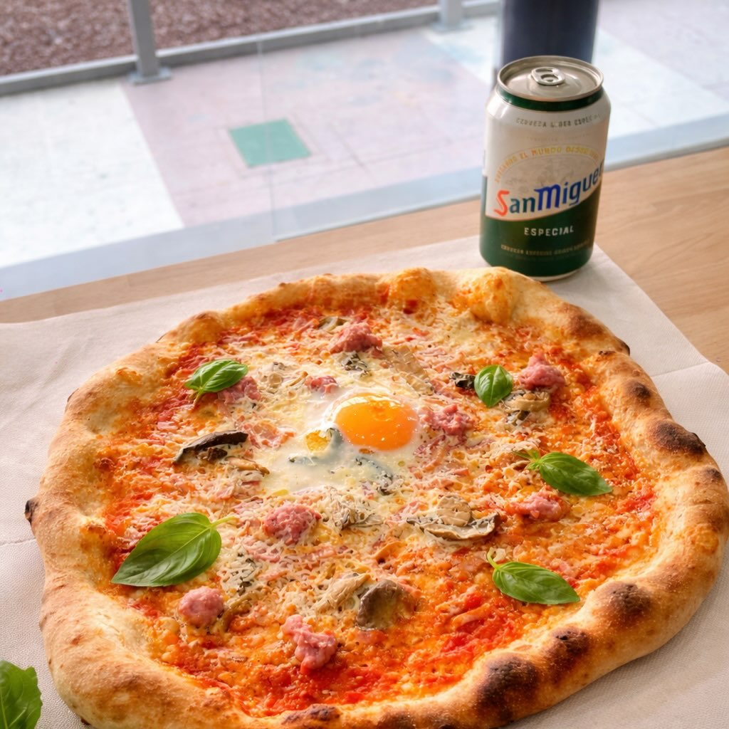Fresh-baked pizza with egg & basil